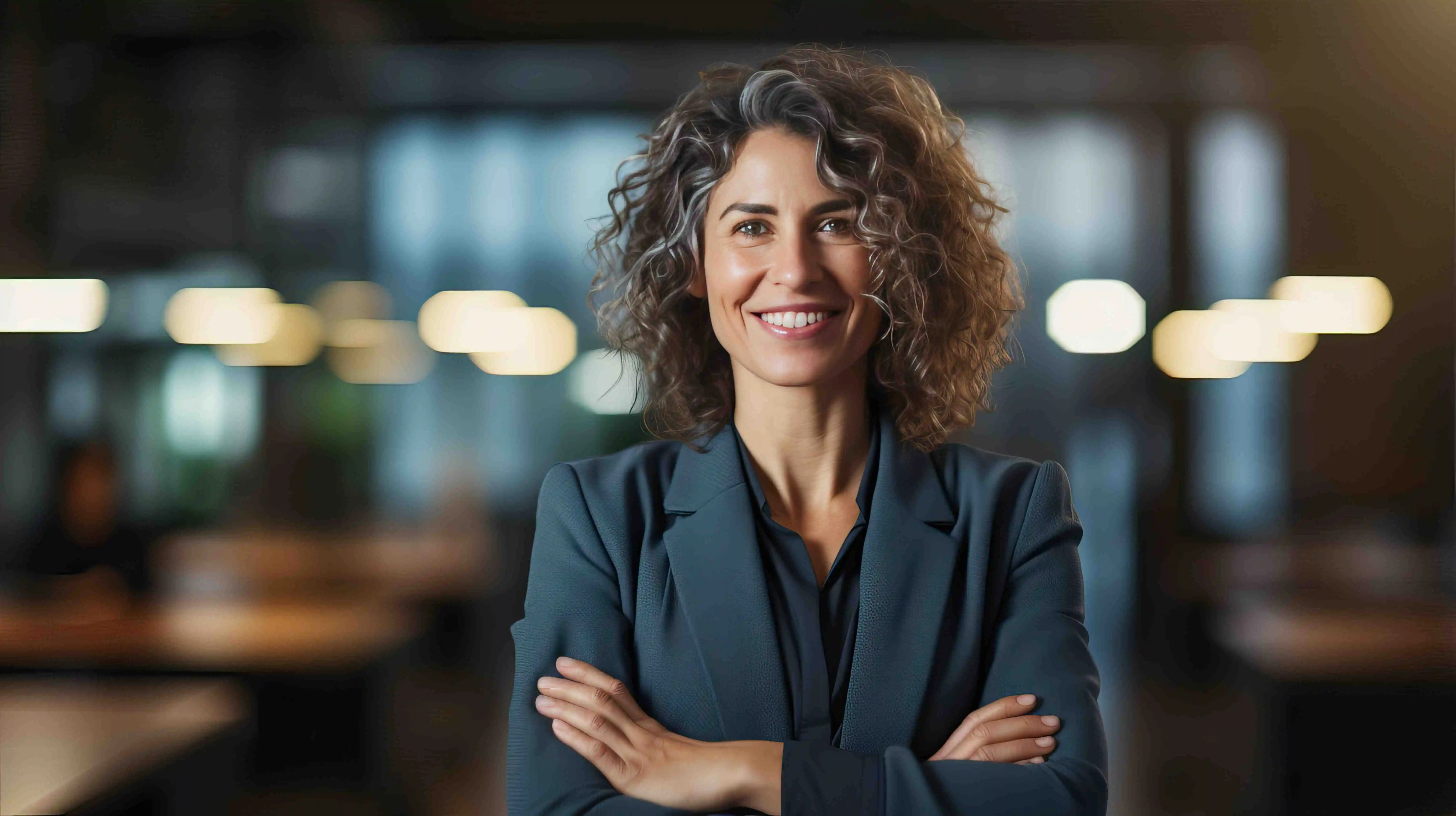 Erfahrene Business Frau mit locken in Jacket schaut zufrieden lächelnd in die Kamera, in den Büros von Headhunter Bern und Personalvermittler Bern. 