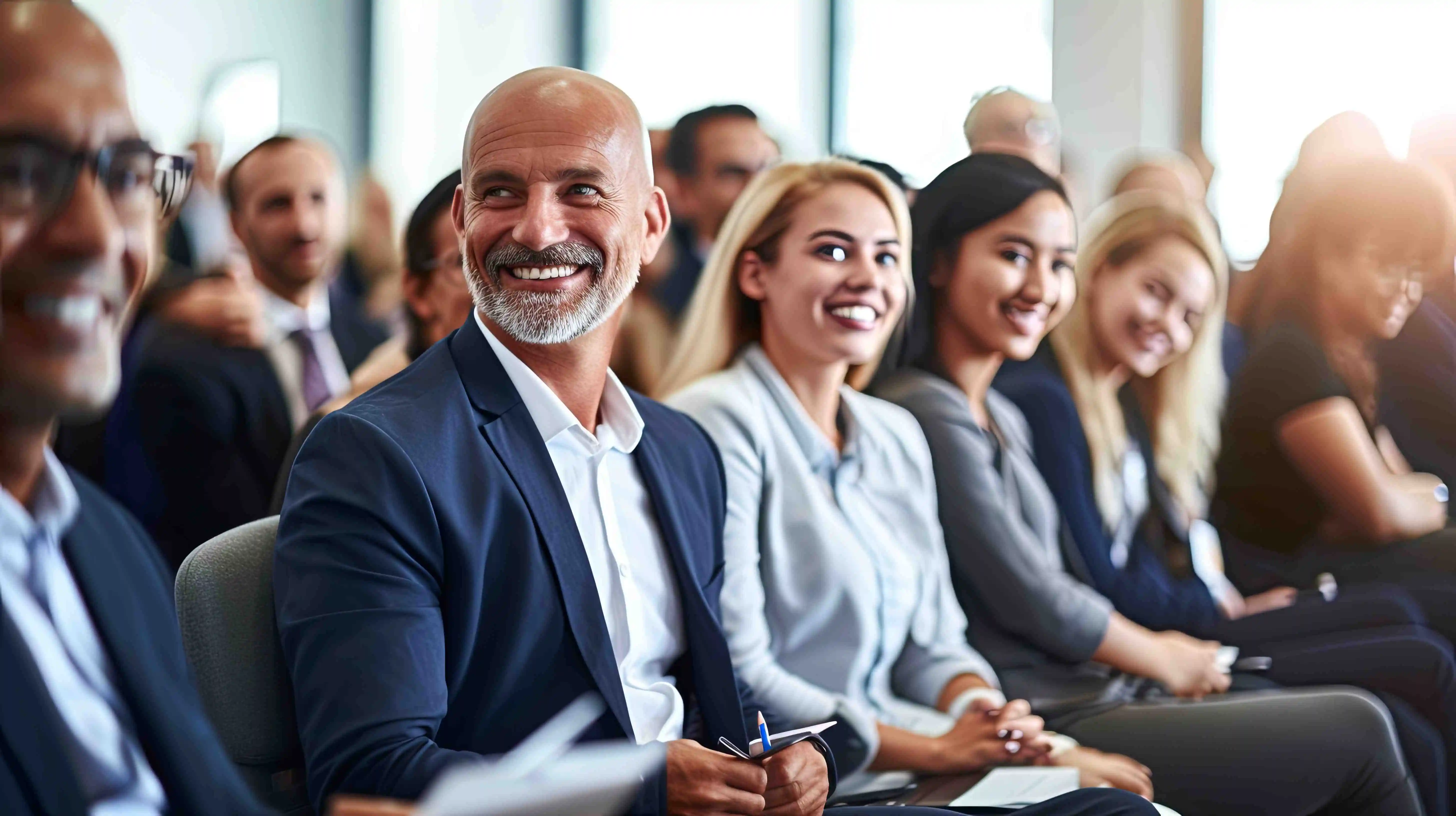 Senior Business Mann in einem Publikum schaut lachend zur Seite an einem Anlass von Headhunter Schweiz und Personalberatung Schweiz sitzt 