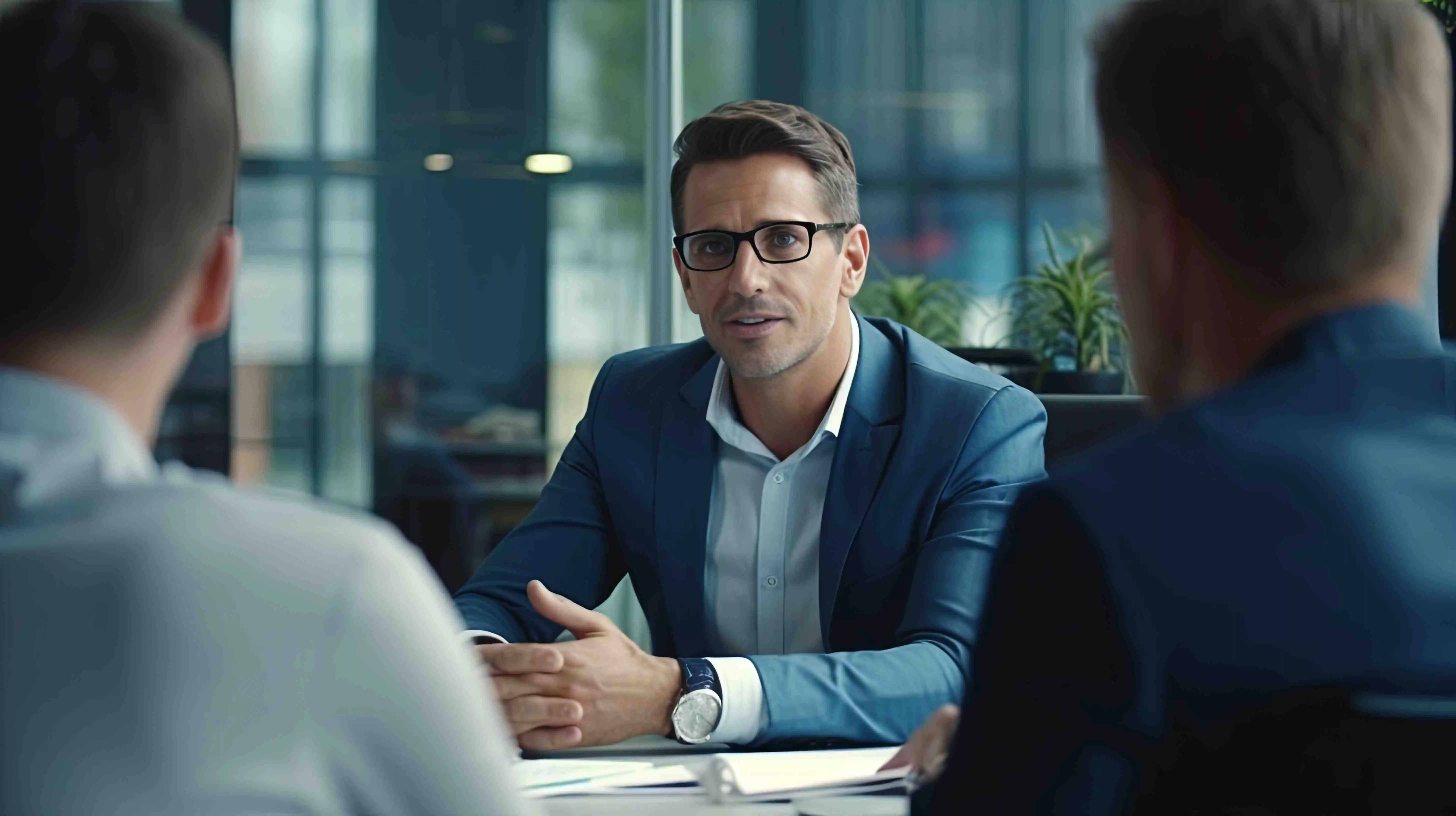 Zufriedener Mann in Business Anzug mit Headhunter Bern und Personalberatung Bern in einem Office in Gespräch. 