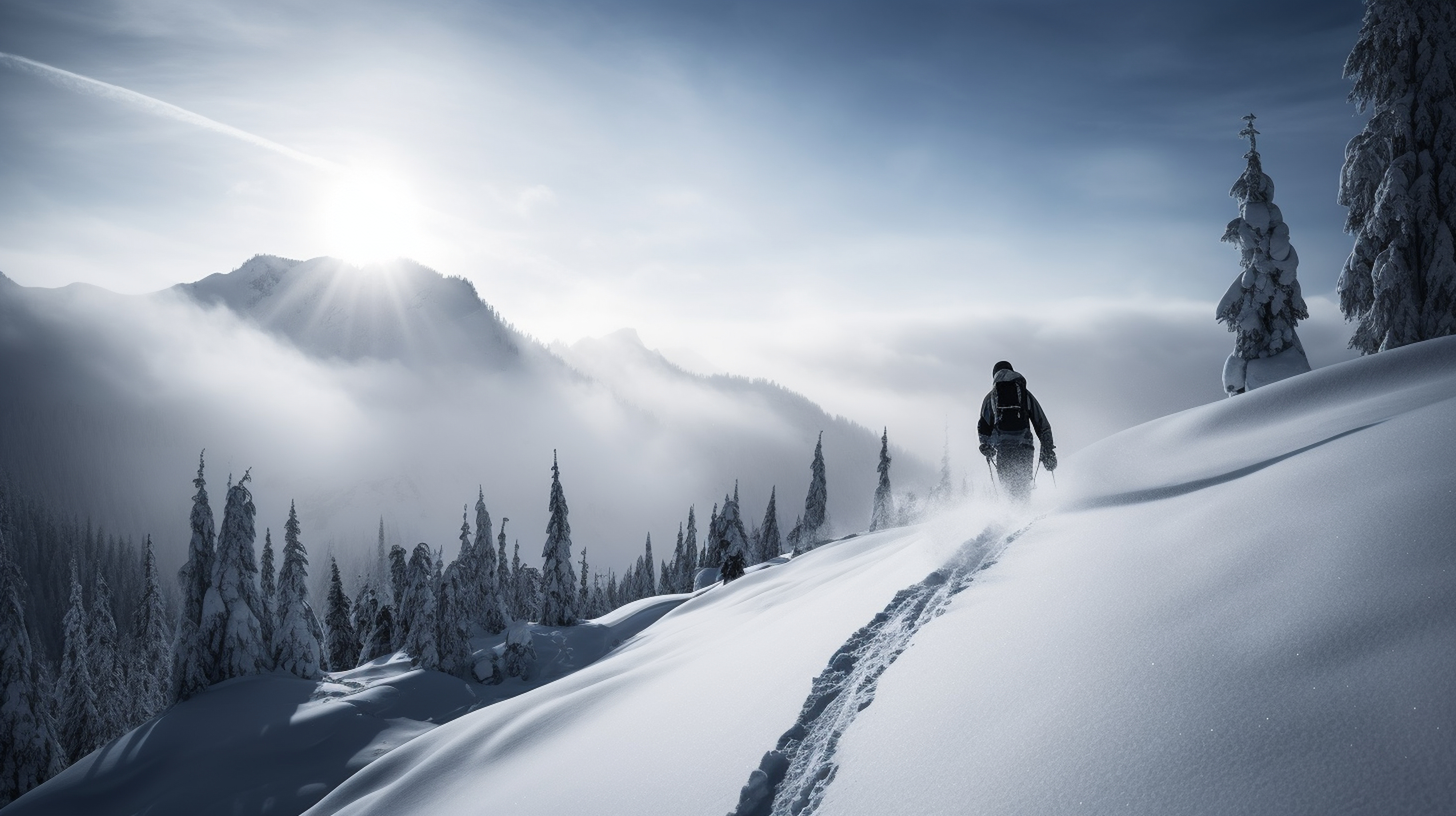 Skiwanderer von Bornhauser People's Management Headhunter und Personalberatung in der Schweiz in einem verschneiten Schneehang zwischen Tannen in einer Stimmung aus Wolken und Sonne